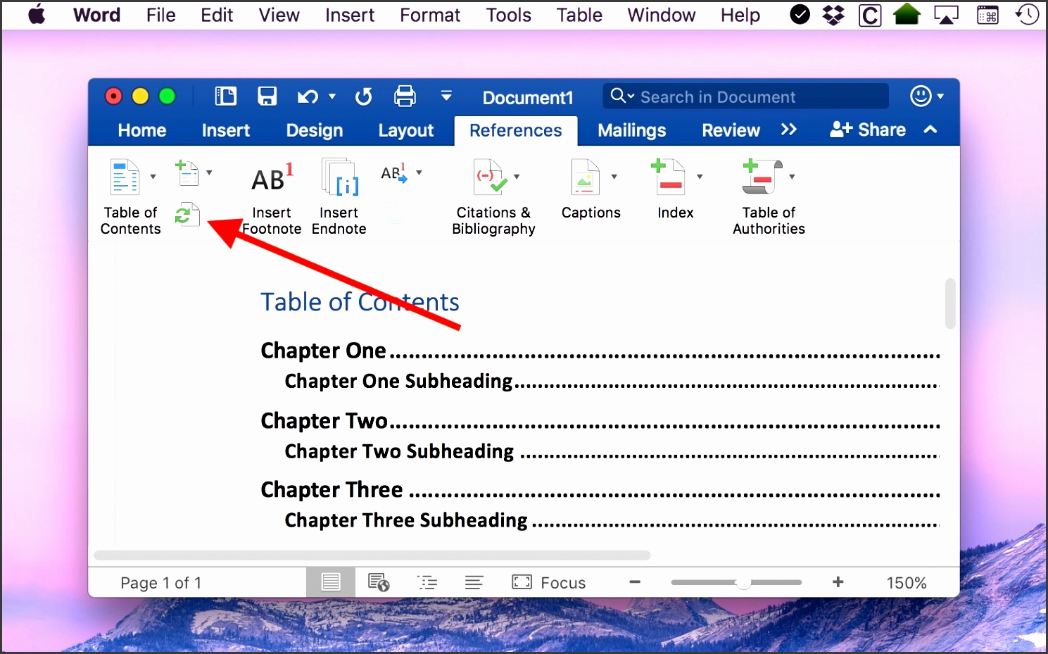 table of contents in word for mac